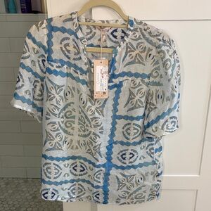 ESQUALO Blue and Gold Patterned Top